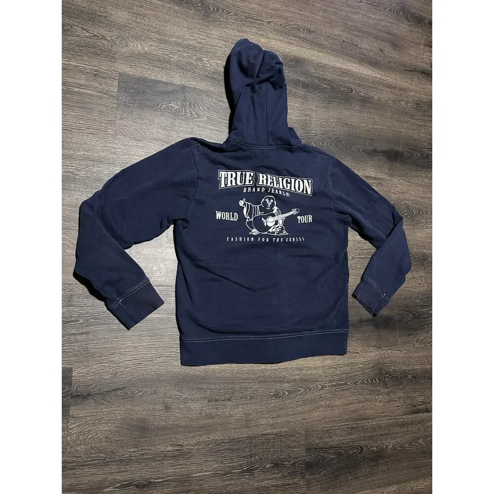 True Religion Mens Navy Blue buddha Logo Full Zip Hoodie Sweatshirt Size M